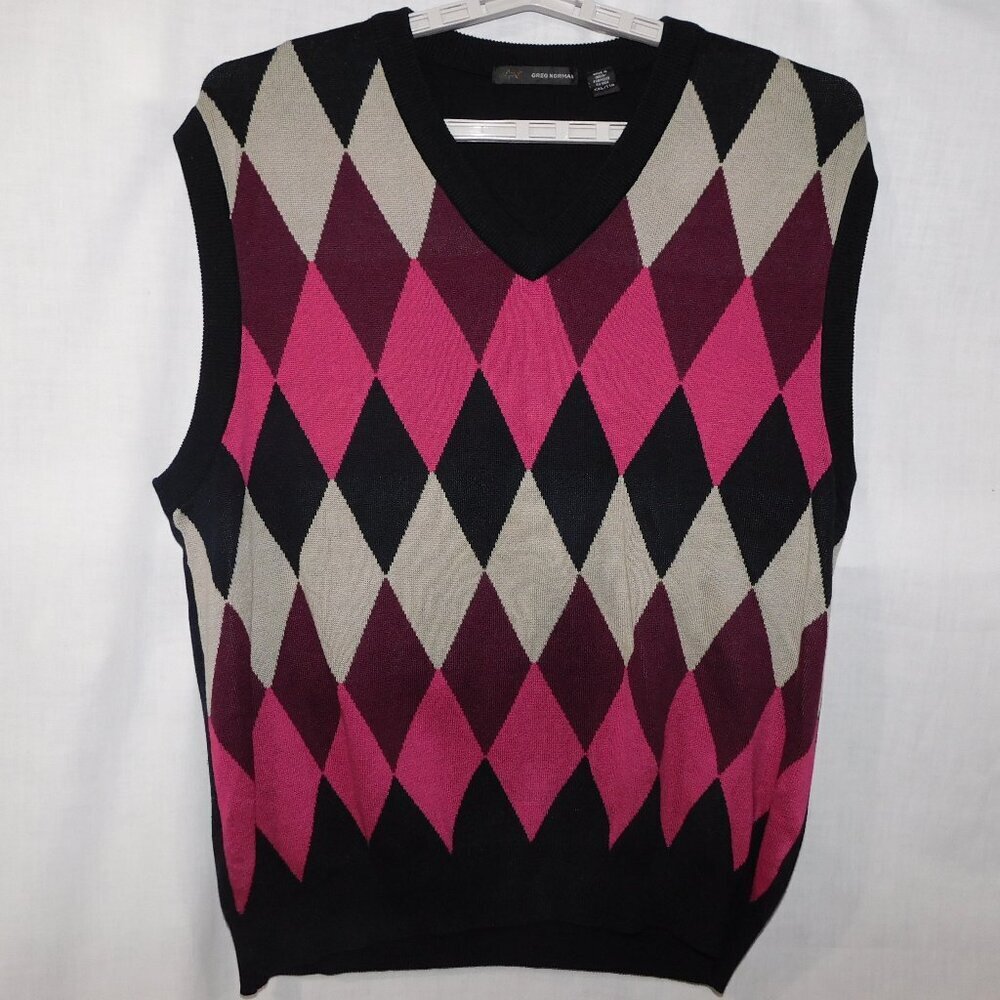 Greg Norman Argyle V-neck Knit Cotton Sweater Vest Golf Pink Purple Mens 2XL